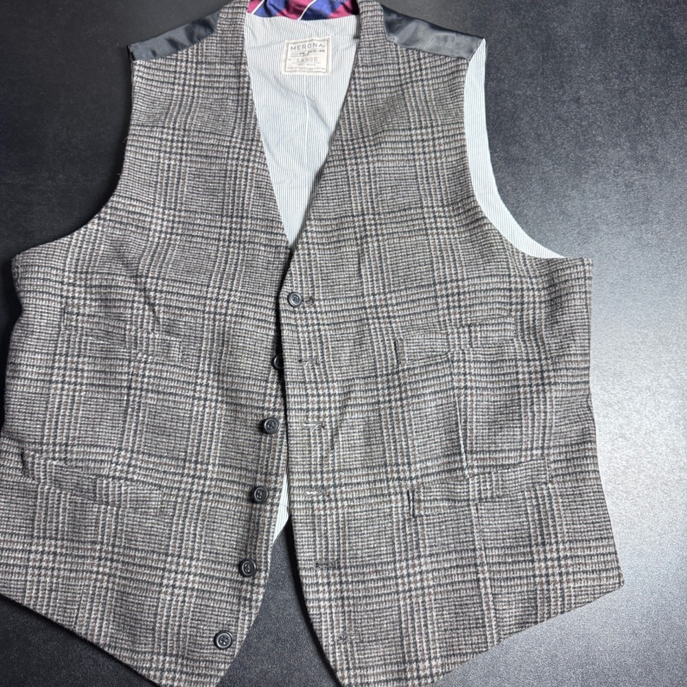 Merona Vest Mens Large Brown Plaid Wool Blend Button Front Waistcoat 1691